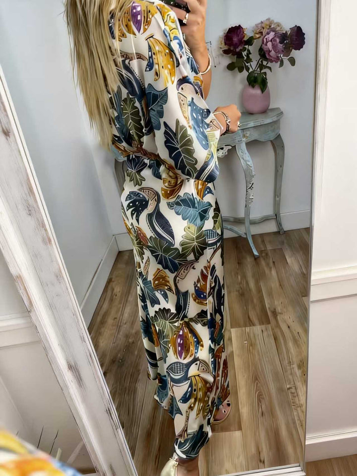 Retro Jungle Palm Leaf Satin Print Batwing Sleeve Shir