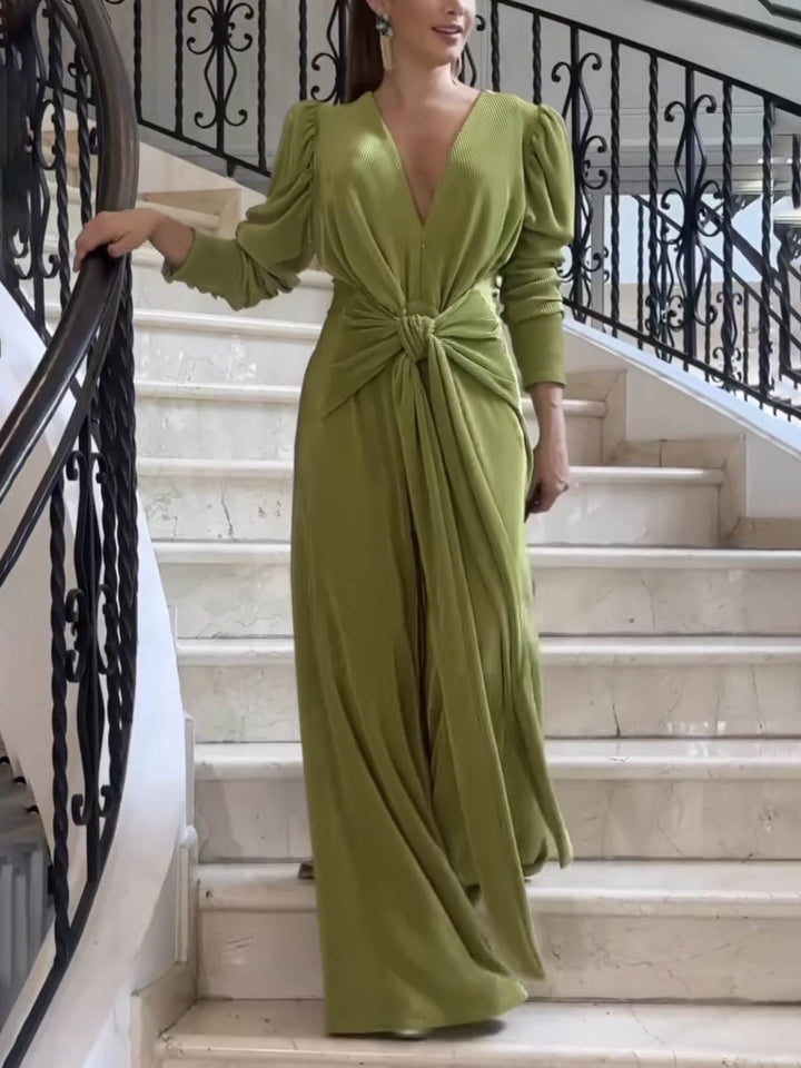 Fashionable Pleated V-neck Lace-up Jumpsuit