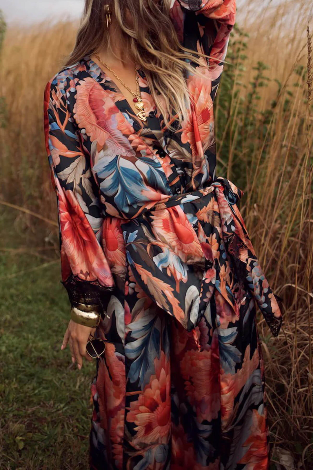 Fashion Lace Patchwork Printed Elastic Waist Wide-Leg Pants