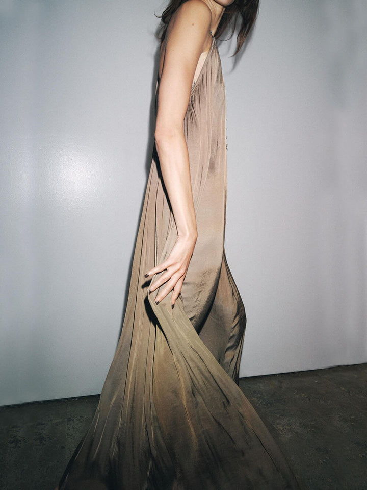 Elegant Pleated V-Neck Halter Maxi Dress