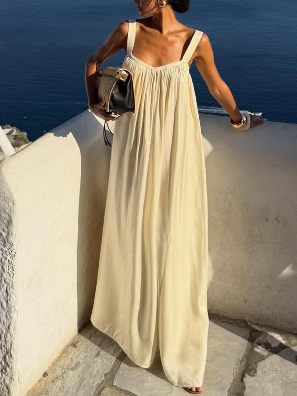 Elegant Satin Square Neckline Flowing Pleated Halter Dress