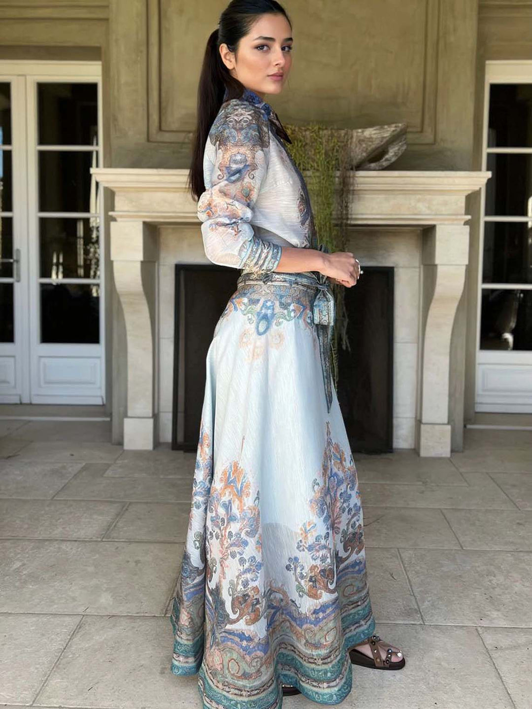 Retro Paisley Pattern Self-Tie Belt Long Skirt