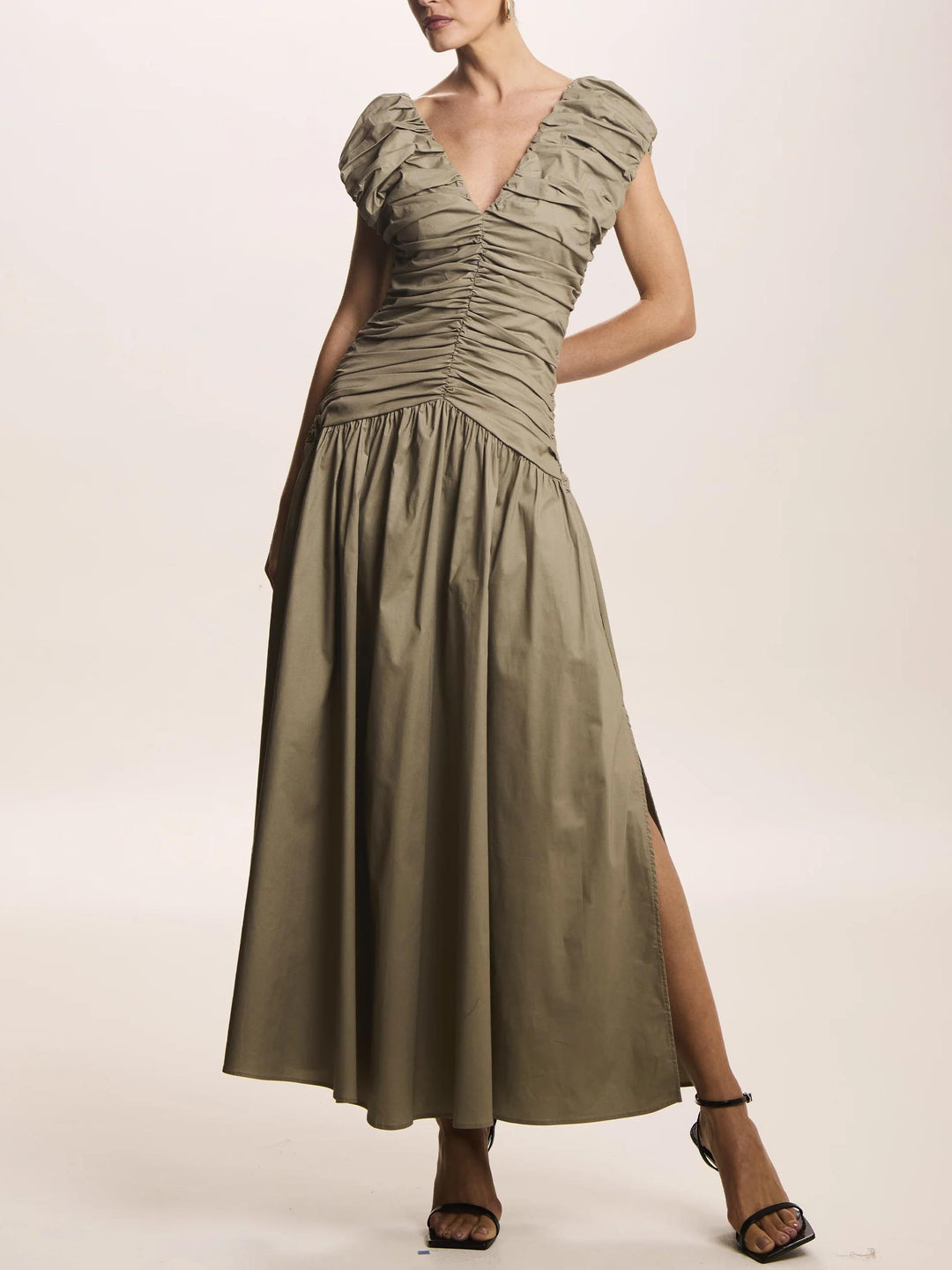 Elegant Pleated V-neck Midi Dress