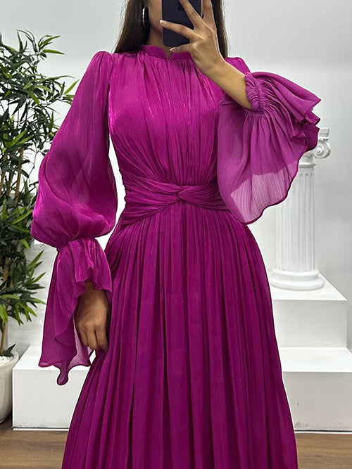 Elegant Pleated Flowy Long-Sleived Maxi Dress