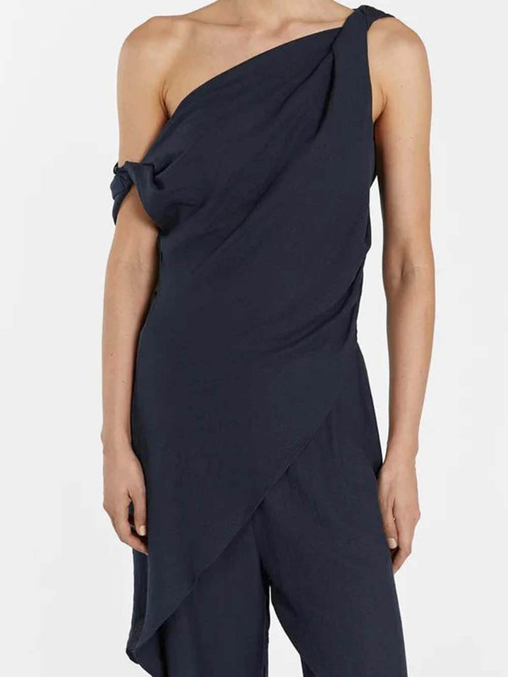 Casual Asymmetrical Twist Detailing Top Linen-Blend Pants Set