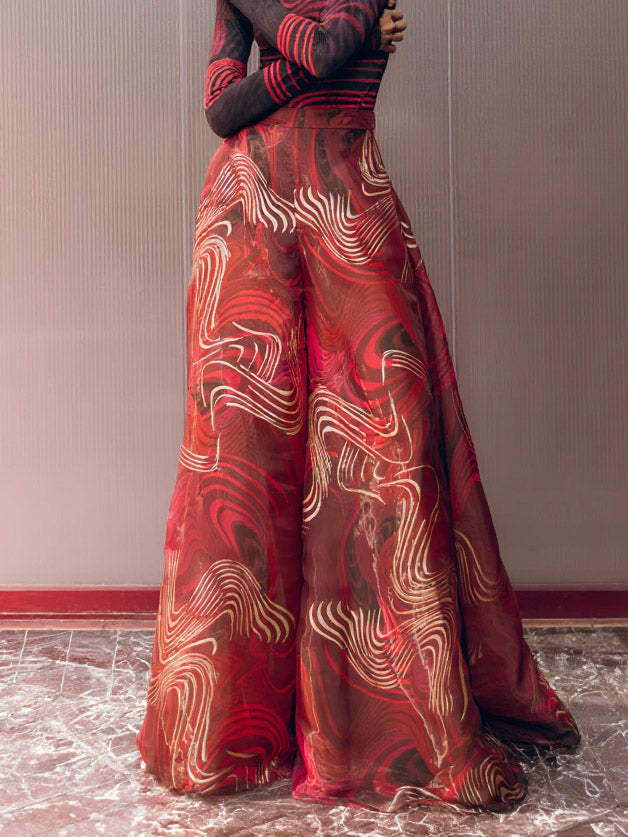 Retro Abstract Print Mesh T-shirt & Wide-leg Pants Two-piece Set