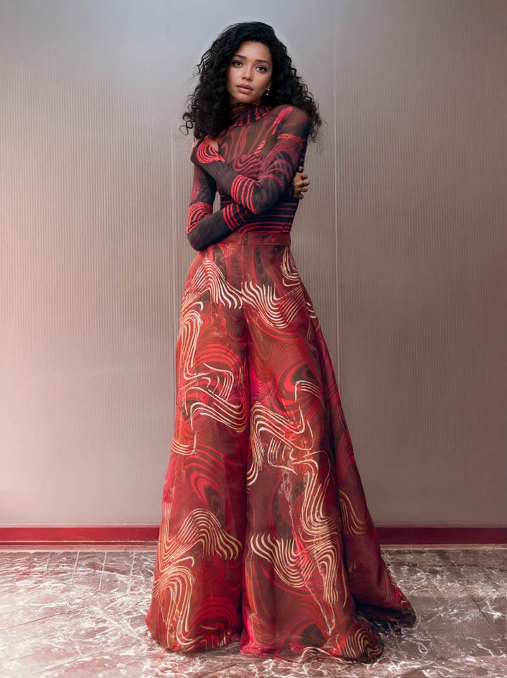Retro Abstract Print Mesh T-shirt & Wide-leg Pants Two-piece Set