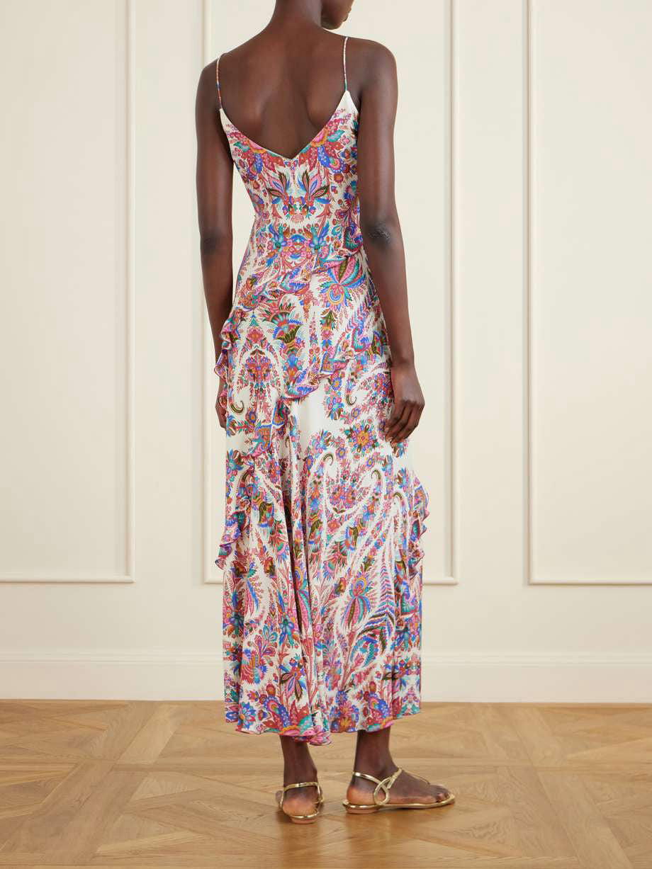Elegant Paisley Print Ruffled Slip Maxi Dress