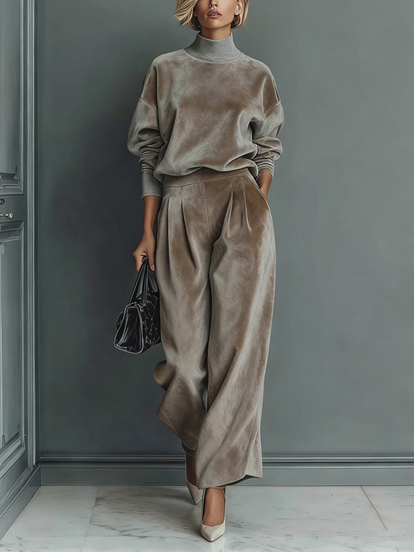 Elegant High-neck Velvet Pleated Wide-leg Pants Two-piece Set