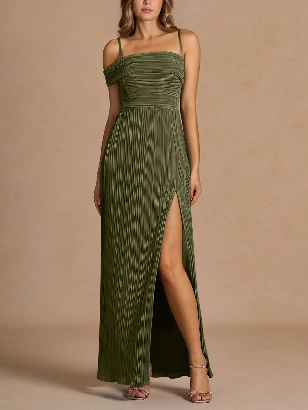 Elegant Off-The-Shoulder Pleated Slit Maxi Dress