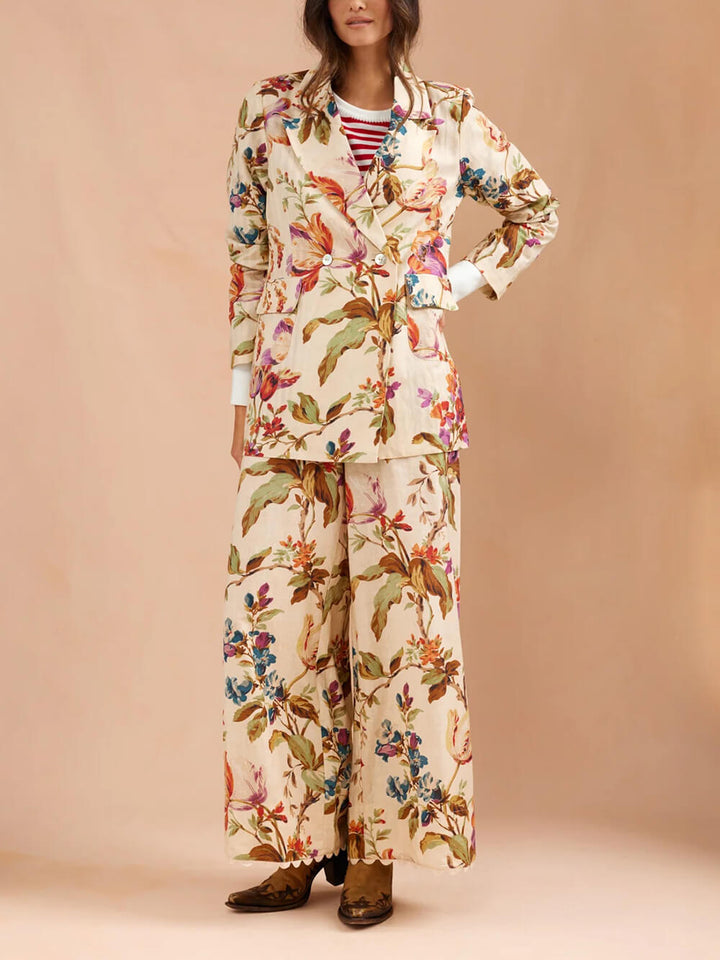 Exquisite Retro Floral Print Lapel Blazer Loose Pocket Wide-Leg Pants Set
