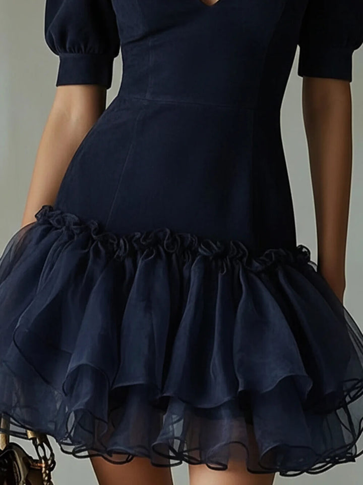 Delicate Puff-Sleeve With Layered Ruffled Hem Mini Dress