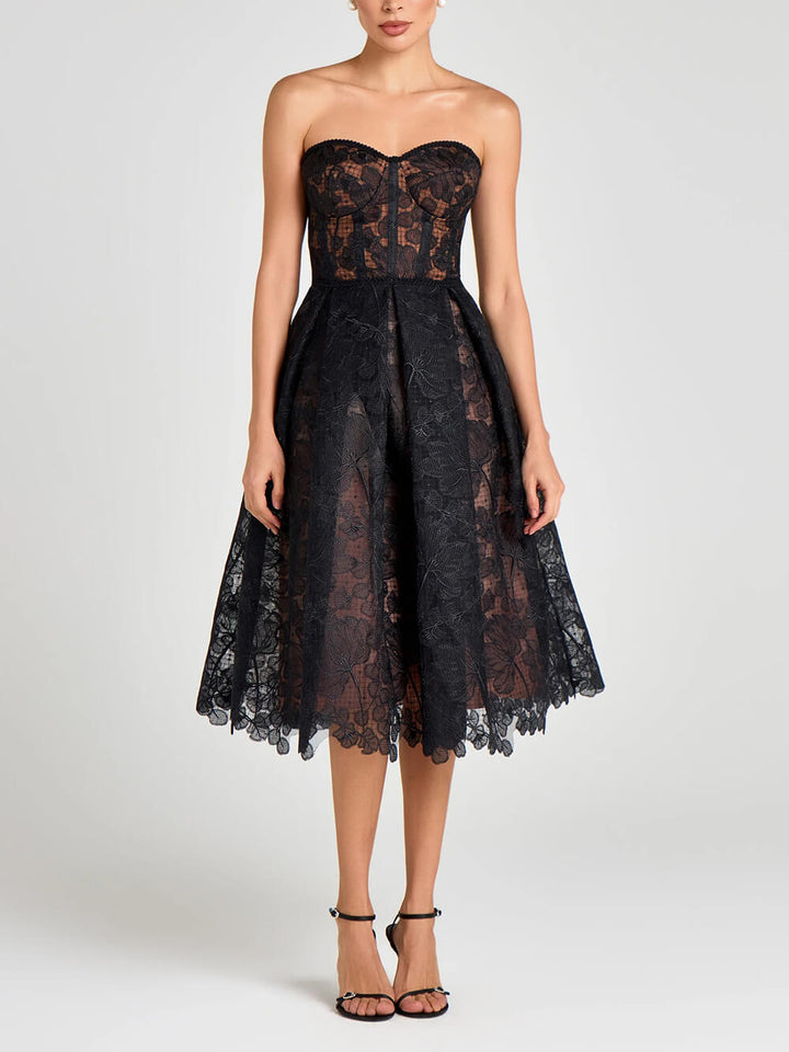 Exquisite Black Off-Shoulder Mesh Lace Cutout Midi Dress