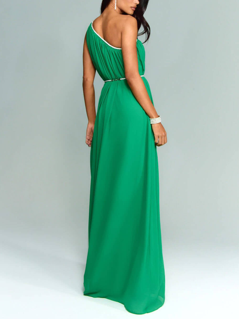 Elegant One-Shoulder Rhinestone Detail Stitching A-Line Maxi Dress