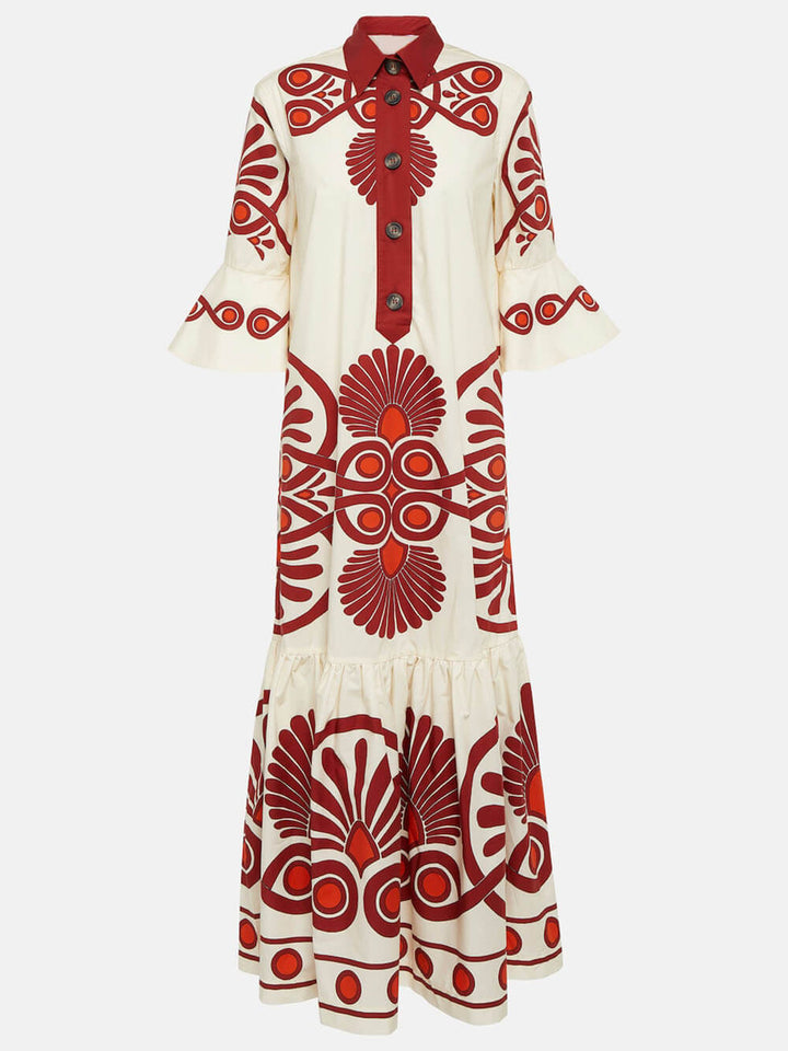 Classic Unique Ethnic Print Button Decoration Loose Maxi Dress