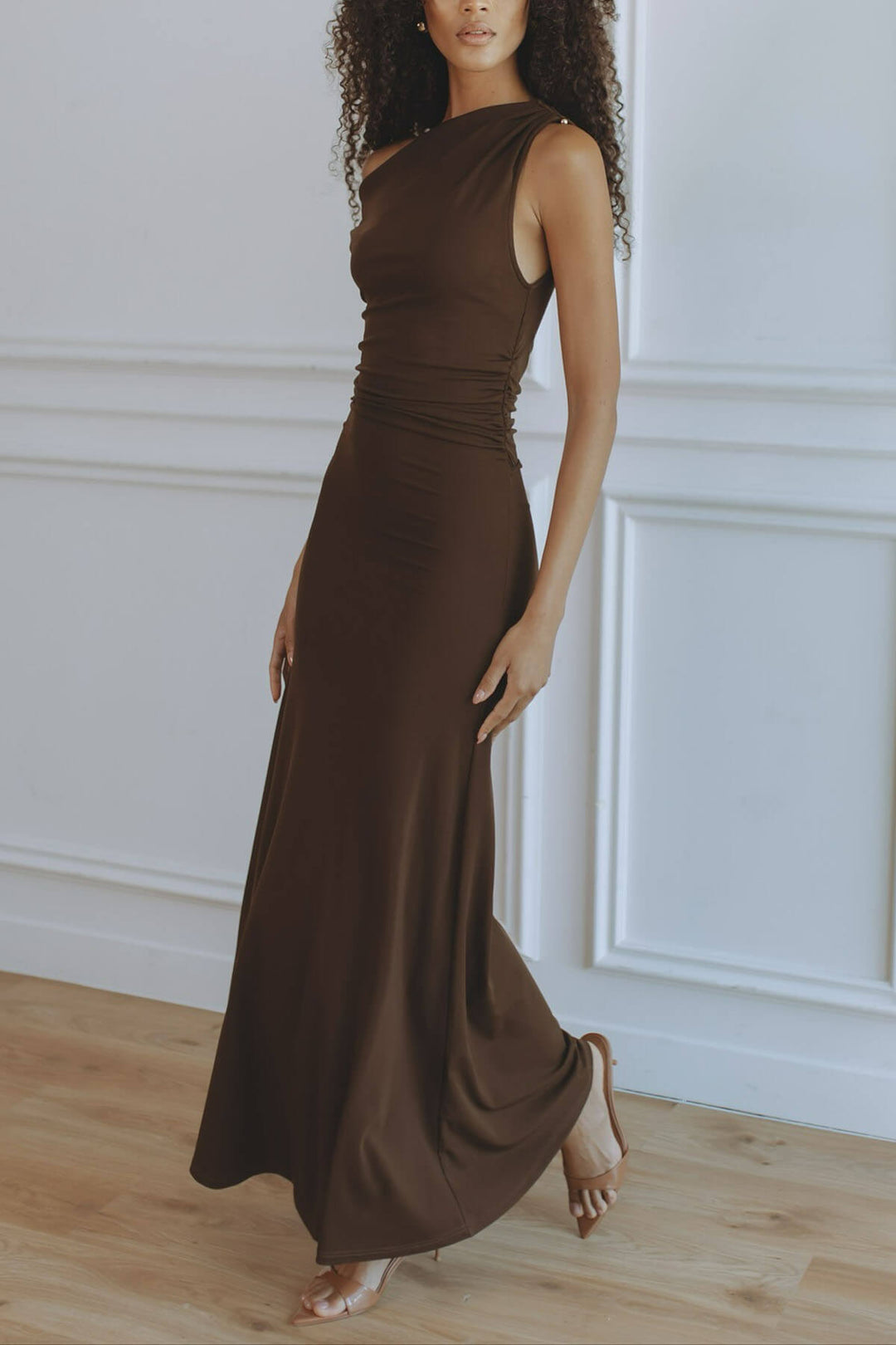 Elegant One-Shoulder Fitted A-Line Knit Maxi Dress