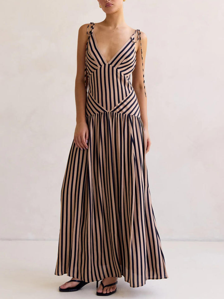 Exquisite Striped Print V-Neck  Adjustable Straps Maxi Dress