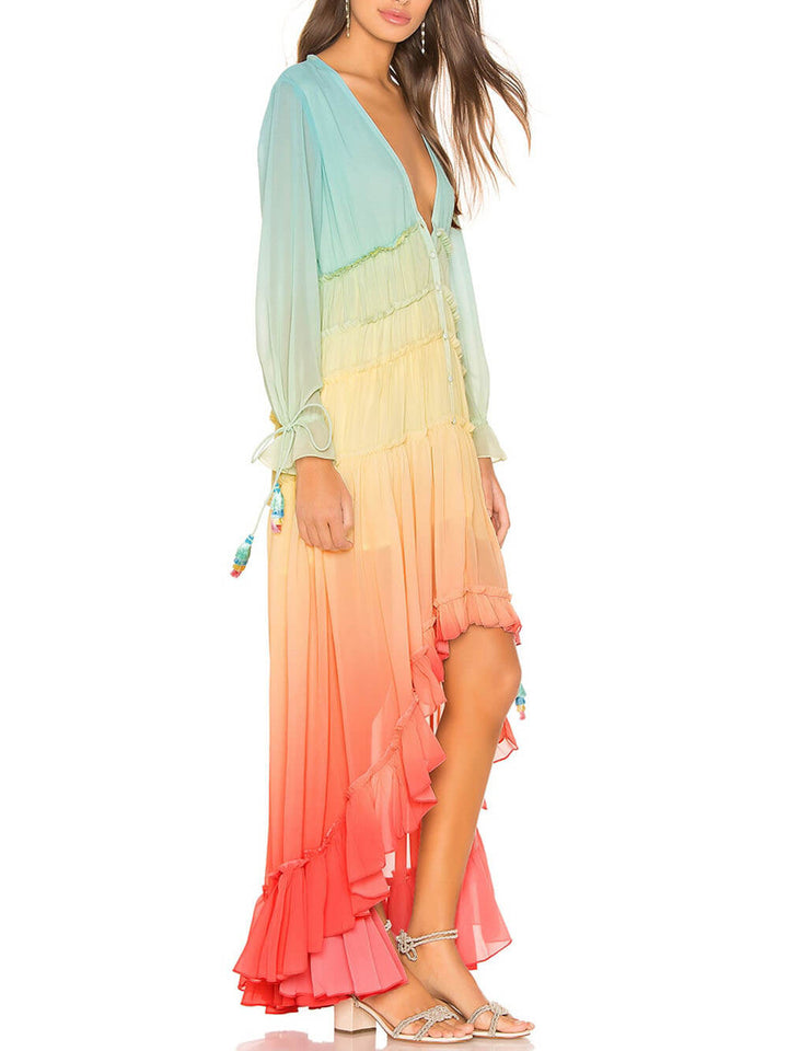 Unique Gradient Print Bohemian Rainbow Tiered Maxi Dress