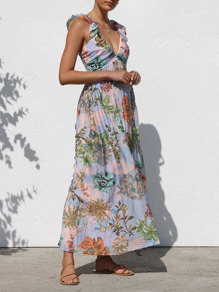 Beautifully Pleated Unique Floral Print Ruffle Sleeve Maxi Dress