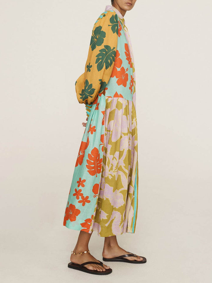 Modern Unique Floral Print Oversized Patchwork Shirtdress