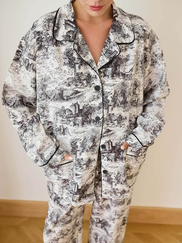 Unique Printed Button-Decorated Loose Pajama Set