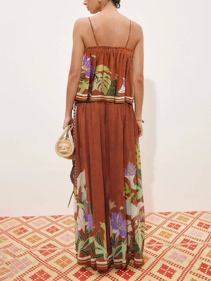 Delicate Ruffle Printed Ruched Adjustable Straps Camisole Top