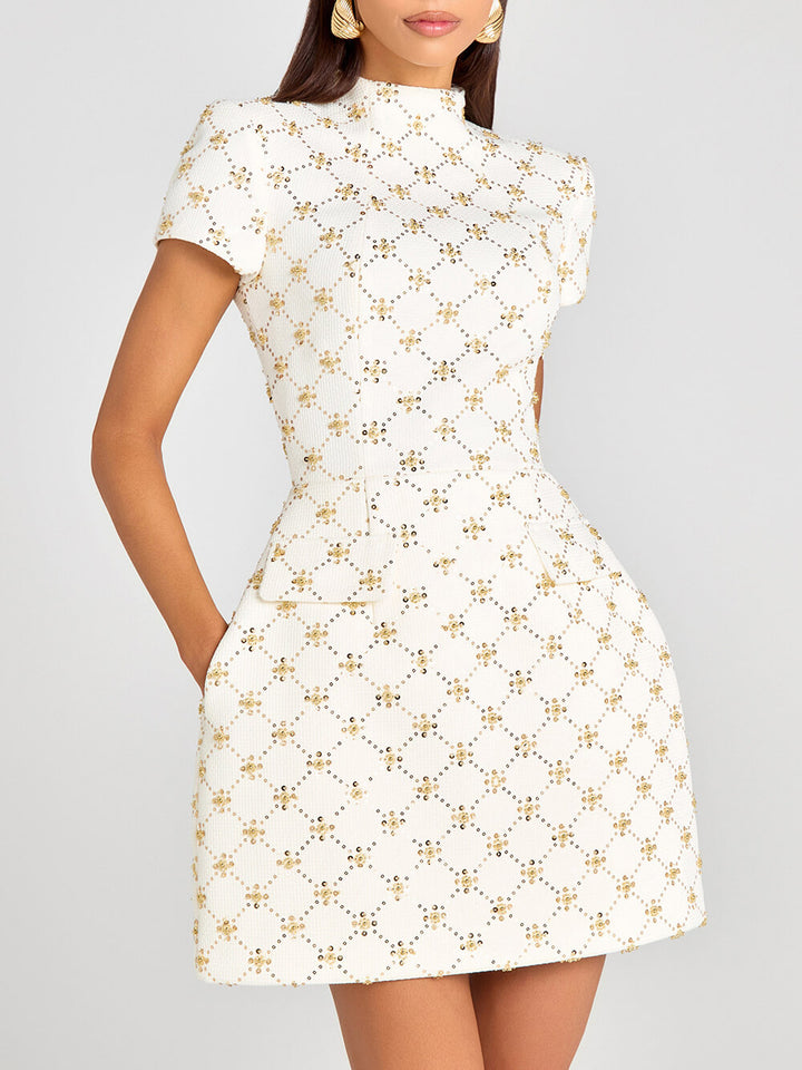 Elegant Sequin Beaded Patchwork High-Neck Mini Dress