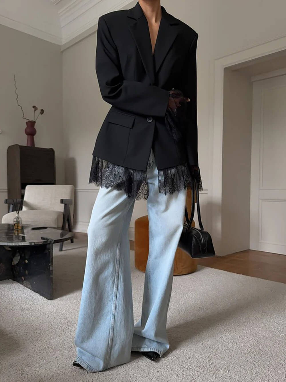 Casual Lace Hem Detail Black Blazer