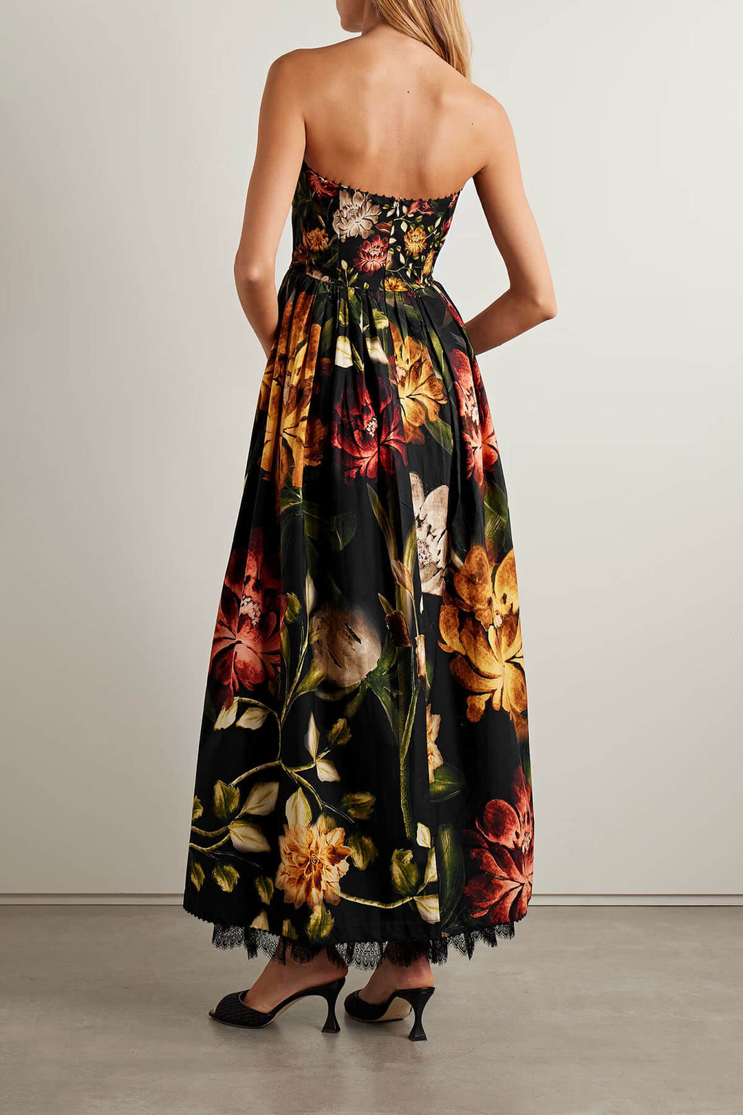 Exquisite Strapless Lace-Trimmed Printed Pleated Midi Dress