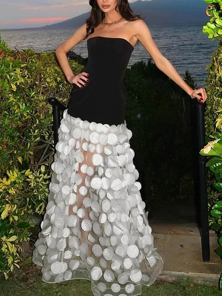 Elegant Black And White Tube Top Three-Dimensional Flower Pettiskirt Dinner Dress