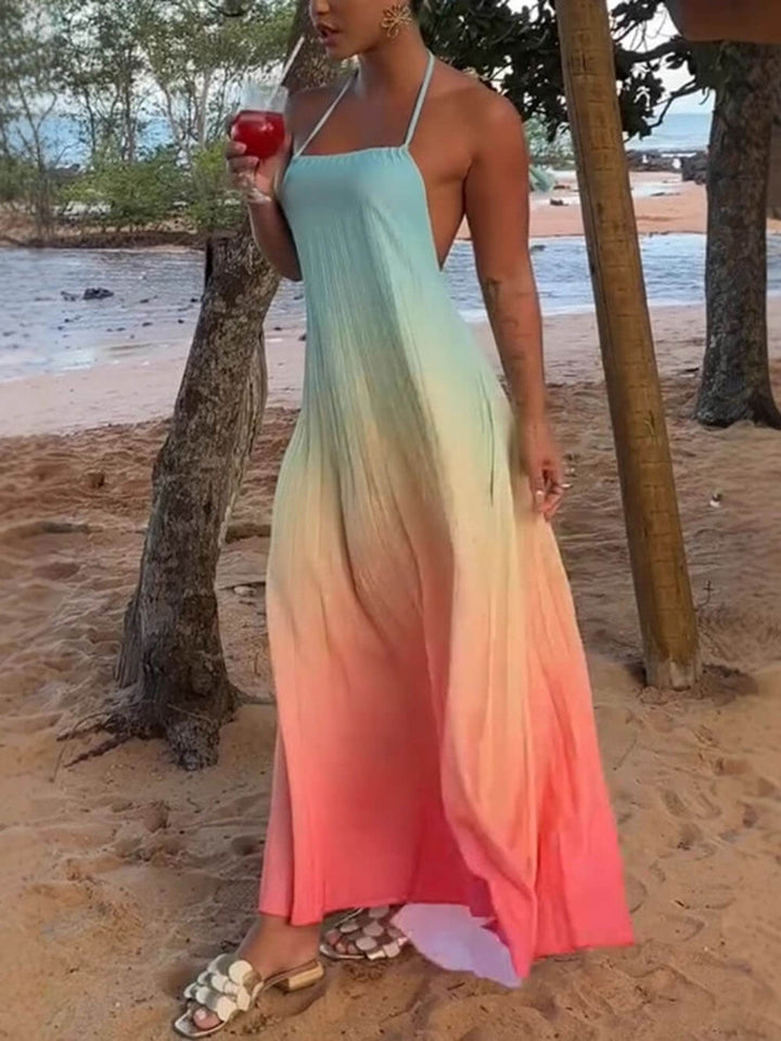 Fashionable And Unique Gradient Print Backless Halter Neck Maxi Dress