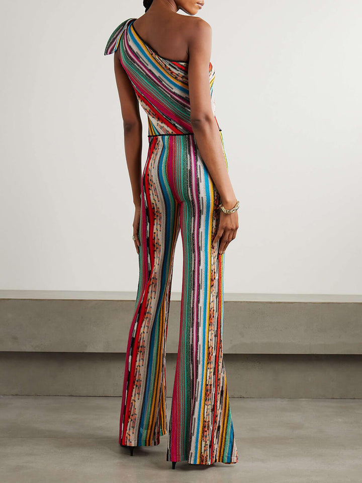 One-Shoulder Metallic Print Crochet Jumpsuit
