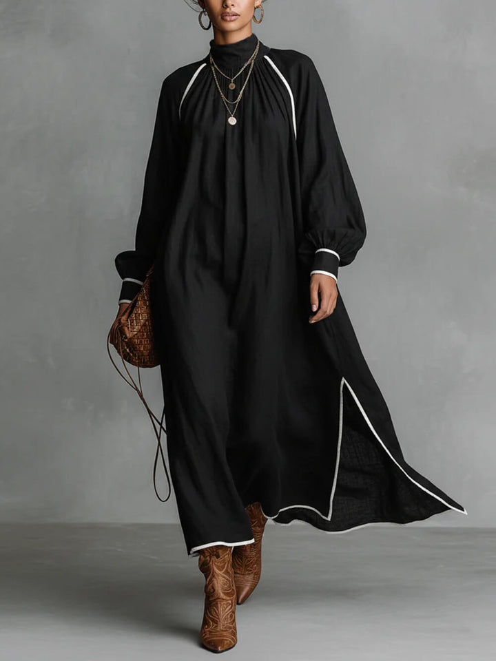 Casual Loose Linen Contrast Trim White Piping Slit Maxi Dress