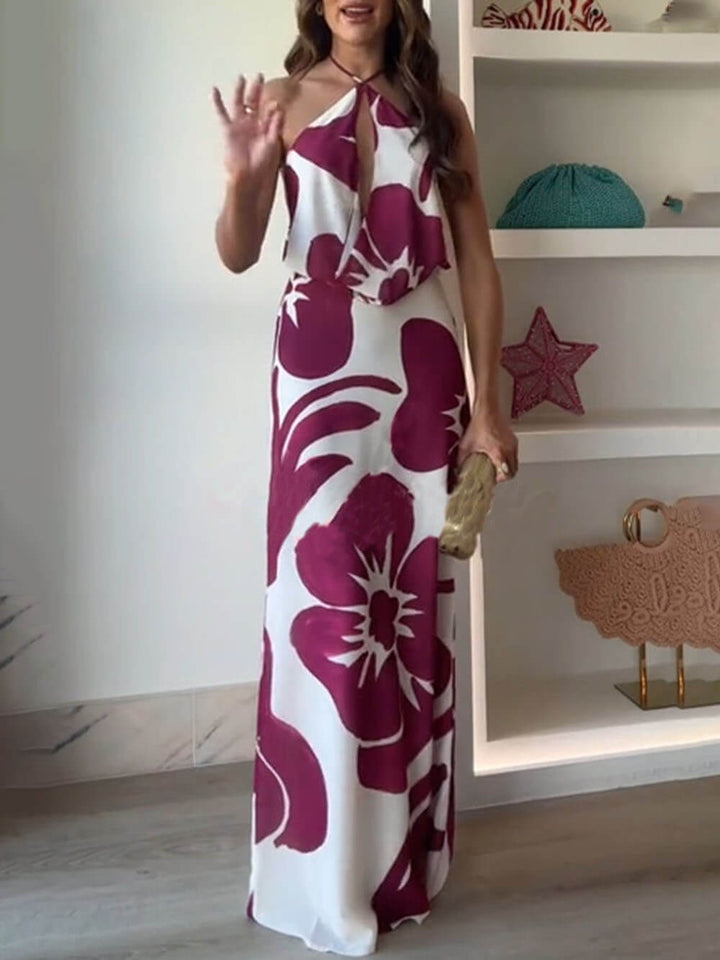 Elegant Leslie Flower Print Halter Cutout Cowl Neck Backless Maxi Dress