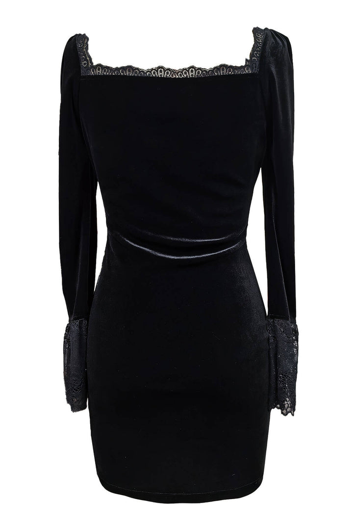 Exquisite Velvet Lace-trimmed Square Neck Slim-fit Mini Dress