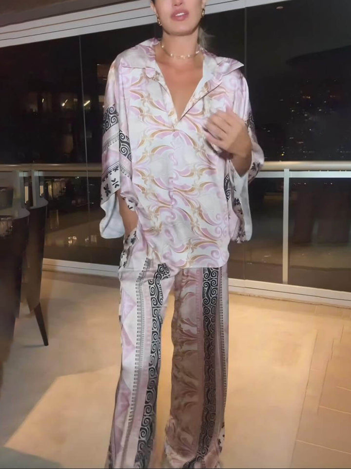 Exquisite Colorful Print Loose Drawstring Elastic Waist Pocket Wide Leg Pants