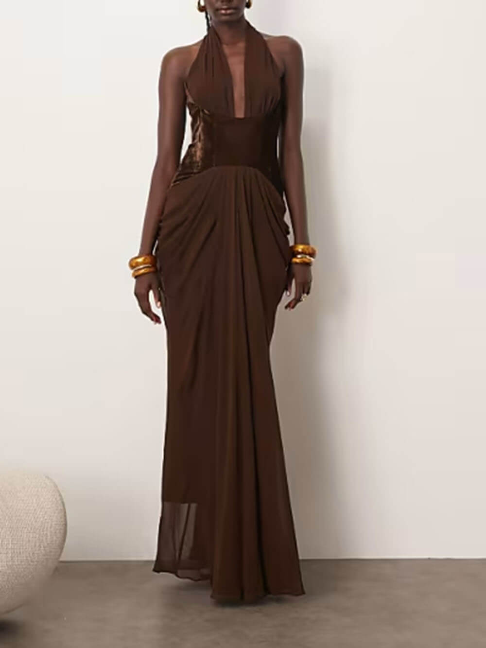 Elegant Deep V Backless Waist-Cinching Gown Maxi Dress