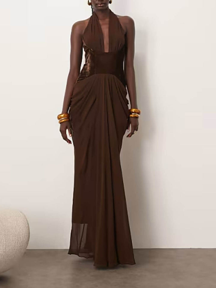 Elegant Deep V Backless Waist-Cinching Gown Maxi Dress