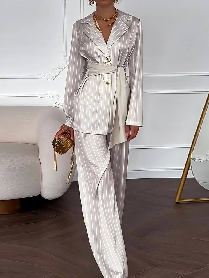 Elegant Lapel Striped Print Tie-Waist Blazer