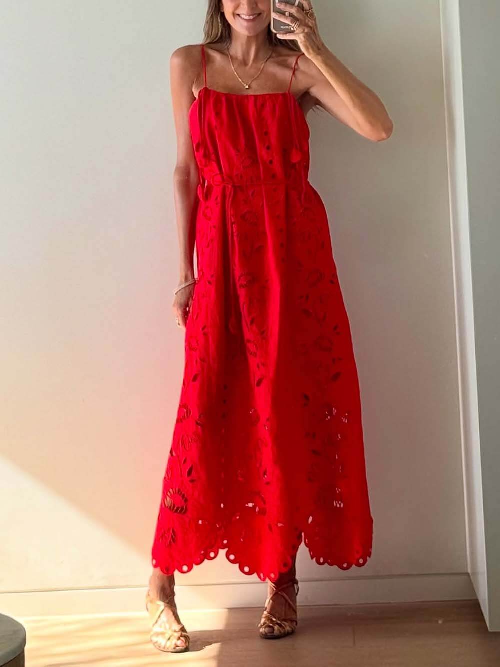 Elegant Lace-Trim Crochet Linen-Blend Midi Dress