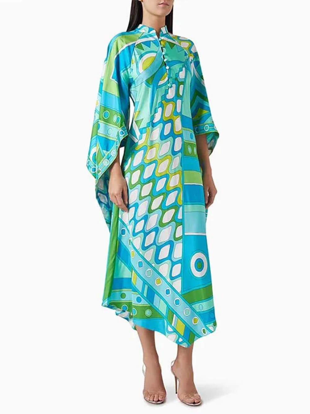Elegant Button-Up Stand Collar Printed Loose Flared Asymmetrical Midi Dress