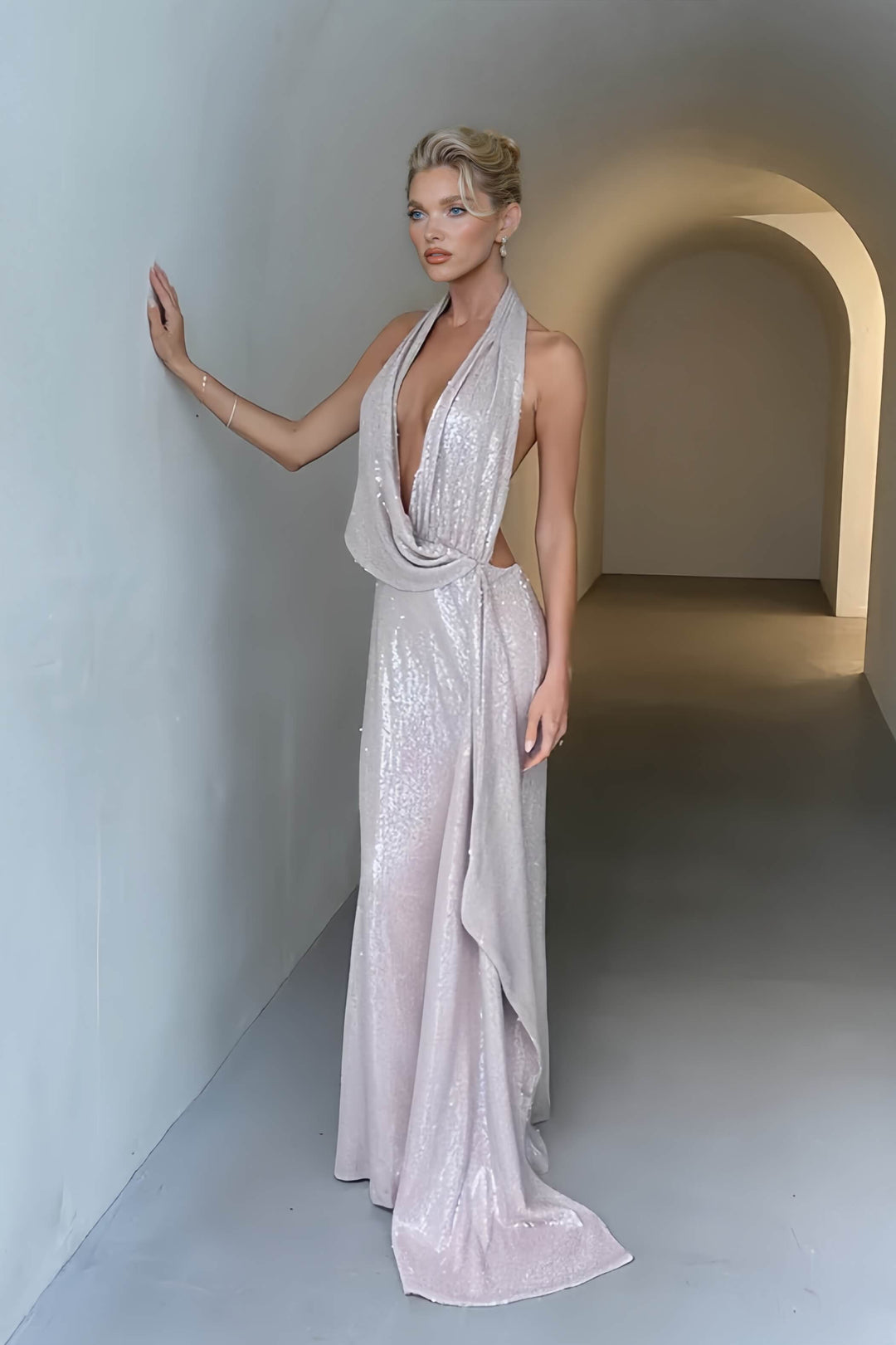 Elegant Sequin Deep V-Backless Maxi Dress