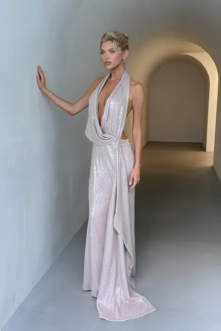 Elegant Sequin Deep V-Backless Maxi Dress