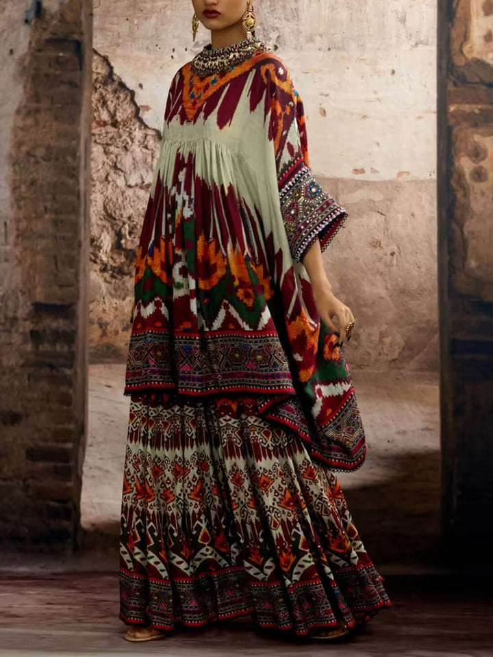 Unique Ethnic Print Bell Sleeve Oversized Long Shirt