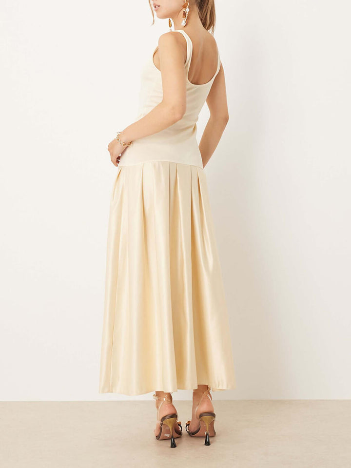 Classic Round-Neck Satin Patchwork Maxi Dress