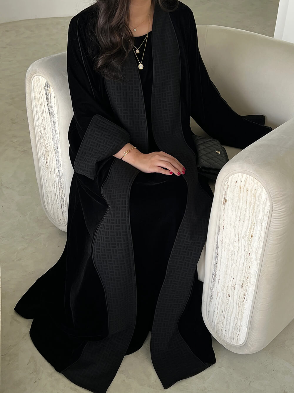 Elegant Black Printed Velvet Robe Cardigan