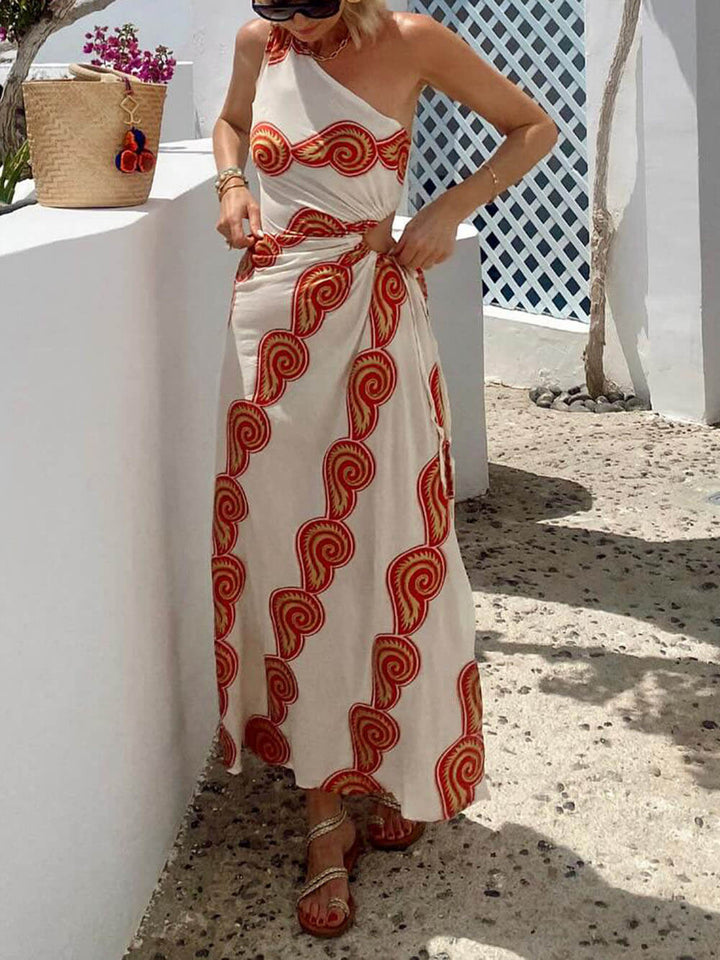 Unique Enjoy A Sunny Linen Blend Shell Print One Shoulder Cutout Waist Tie-up Slit Maxi Dress