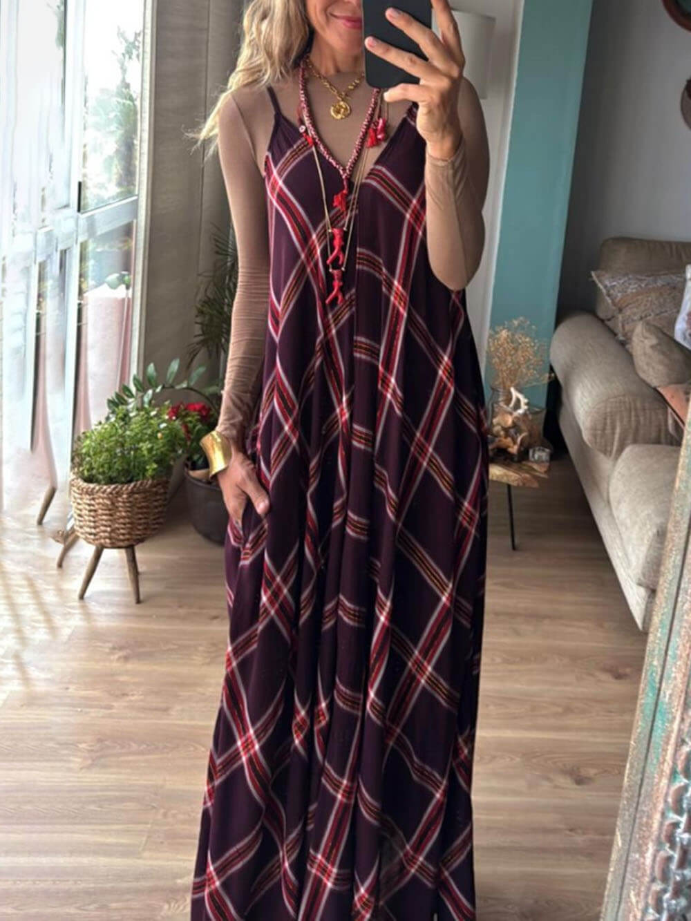 Classic Summer Unique Plaid Print Suspenders Loose Pocket Maxi Dress