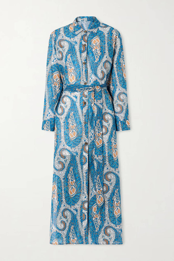Unique Tie-Waist Paisley Print Midi Shirt Dress
