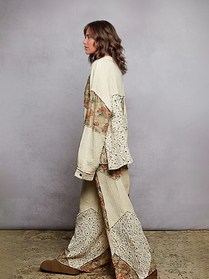 Bohemian Floral Print Patchwork Wide-Leg Pants